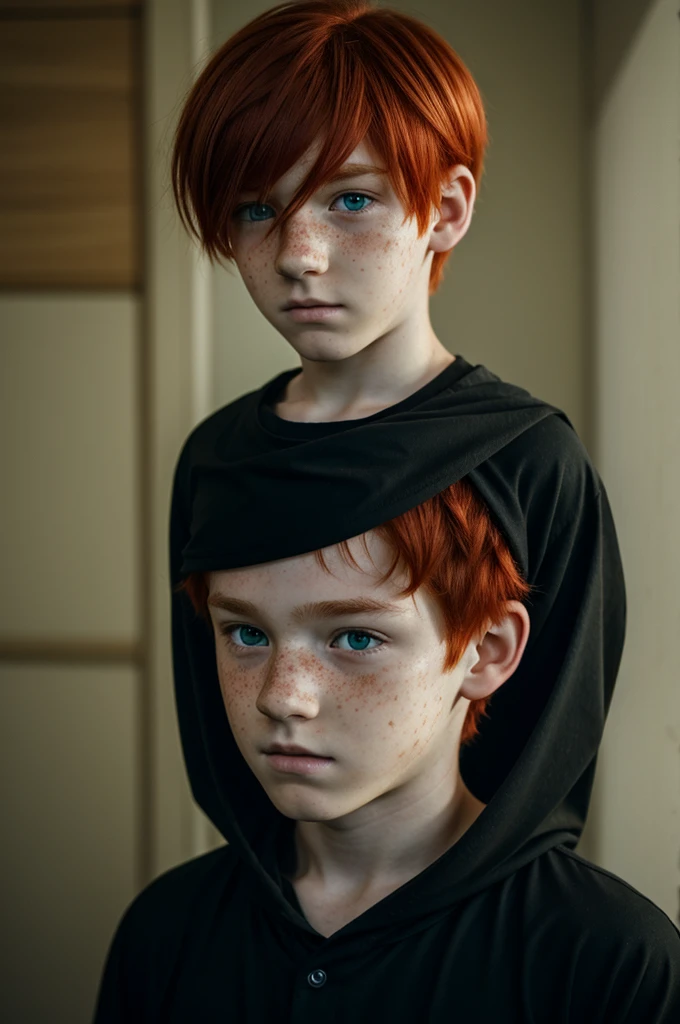 A red-haired boy with green eyes, with freckles on his face, very gentle, dressed in black clothes, (anime style) short hair, badly injured and beaten