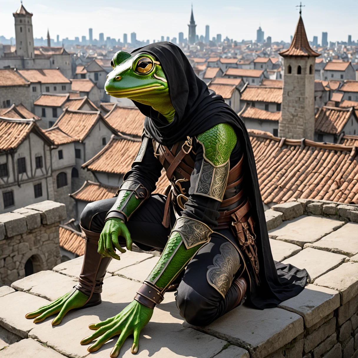 (sketch art, concept art:1.4),(masterpiece rough sketch drawing), best quality, solo closeup, kneeling frog assassin, green skin, green eyes, black outfit, (Akihiko Yoshida Style), High contrast, rooftop, medieval city