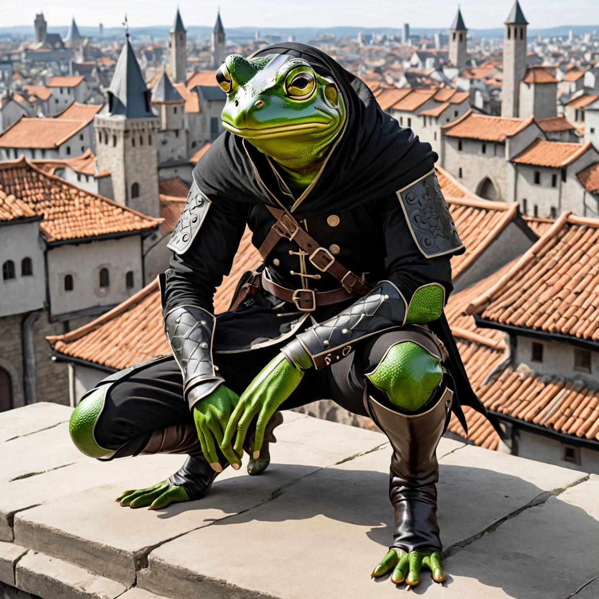 (sketch art, concept art:1.4),(masterpiece rough sketch drawing), best quality, solo closeup, kneeling frog assassin, green skin, green eyes, black outfit, (Akihiko Yoshida Style), High contrast, rooftop, medieval city