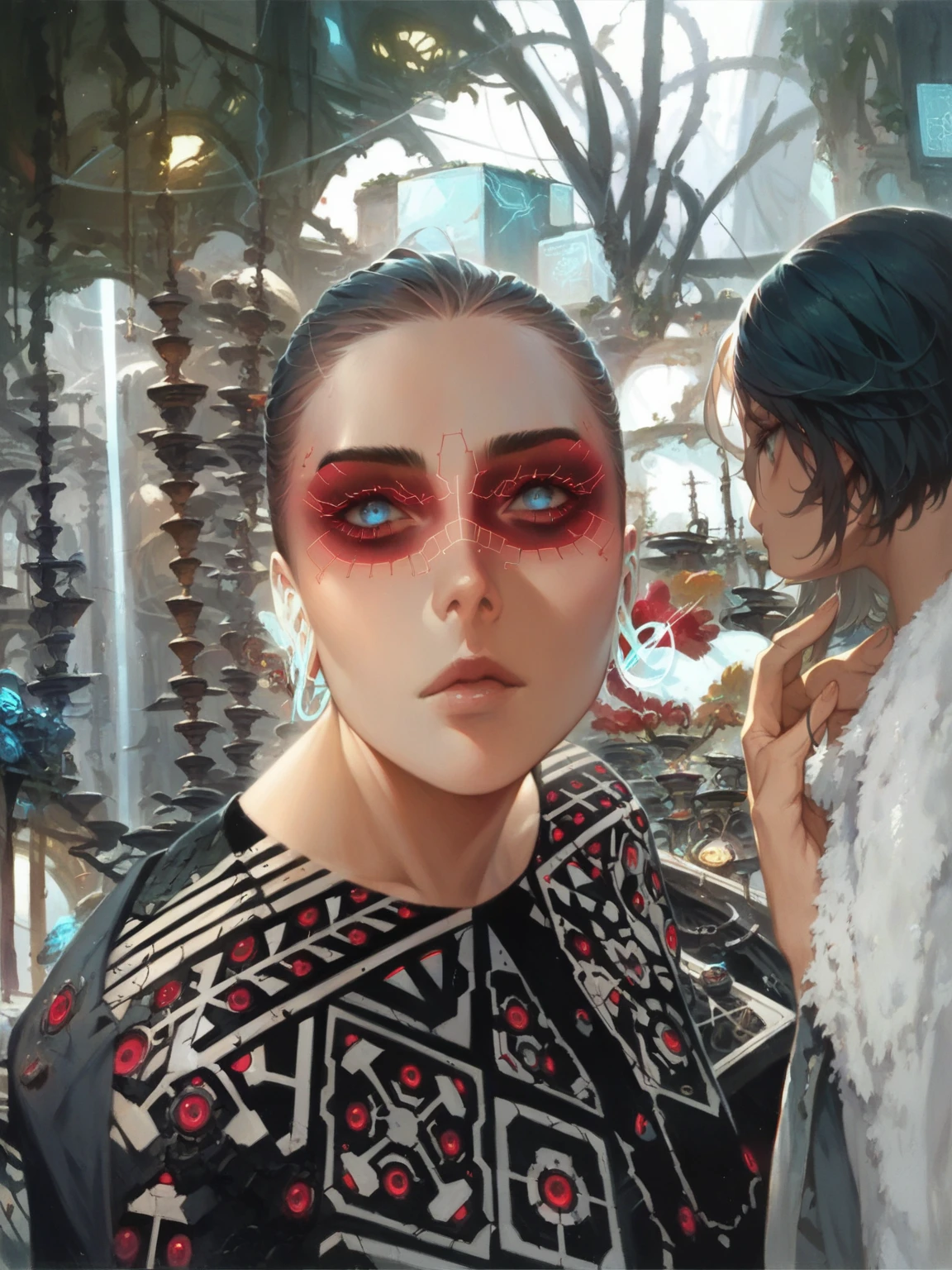 (Masterpiece, Top Quality, Best Quality, Official Art, Beauty and Aesthetics: 1.2), (1girl: 1.3), (Fractal Art: 1.3), Vibrant Aqua Blue Eyes, Medium Hair with Tassels, Nude Midpart
