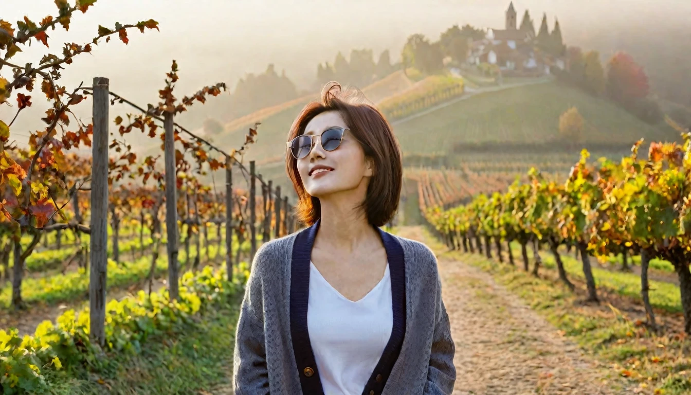 8k best picture quality, Beautiful 36-year-old Korean woman, Chest size 34 inches, Dawn in the early autumn countryside in northern Italy, View of the cathedral next to the vineyards, The back background is realistic and vivid image quality, short medium hair, Wear a shirt and cardigan and casual pants, Smile slightly. the background is clear, looking up the side., A small path lined with trees on a hill, Looking at the vineyard covered in thick fog, Wearing thick horn-rimmed sunglasses