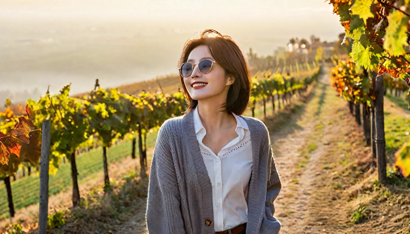 8k best picture quality, Beautiful 36-year-old Korean woman, Chest size 34 inches, Dawn in the early autumn countryside in northern Italy, View of the cathedral next to the vineyards, The back background is realistic and vivid image quality, short medium hair, Wear a shirt and cardigan and casual pants, Smile slightly. the background is clear, looking up the side., A small path lined with trees on a hill, Looking at the vineyard covered in thick fog, Wearing thick horn-rimmed sunglasses