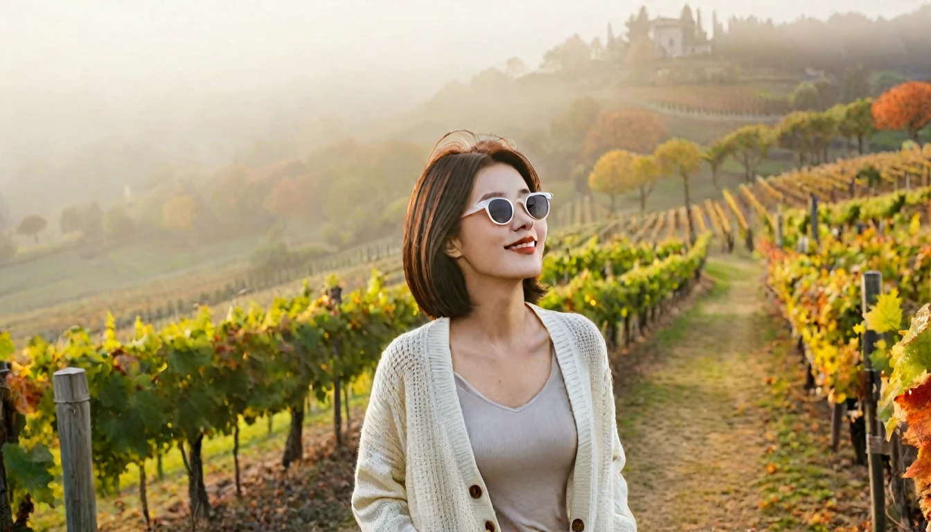 8k best picture quality, Beautiful 36-year-old Korean woman, Chest size 34 inches, Dawn in the early autumn countryside in northern Italy, View of the cathedral next to the vineyards, The back background is realistic and vivid image quality, short medium hair, Wear a shirt and cardigan and casual pants, Smile slightly. the background is clear, looking up the side., A small path lined with trees on a hill, Looking at the vineyard covered in thick fog, Wearing thick horn-rimmed sunglasses