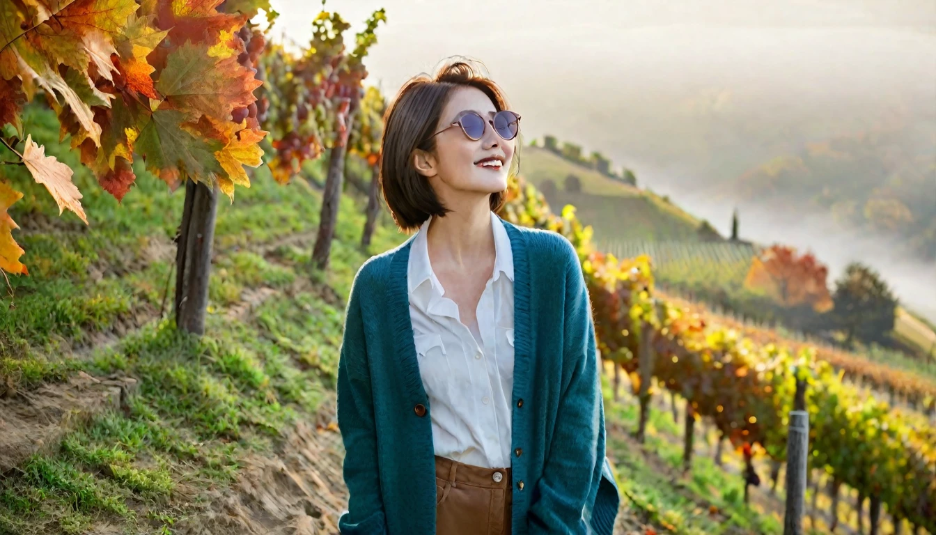 8k best picture quality, Beautiful 36-year-old Korean woman, Chest size 34 inches, Dawn in the early autumn countryside in northern Italy, View of the cathedral next to the vineyards, The back background is realistic and vivid image quality, short medium hair, Wear a shirt and cardigan and casual pants, Smile slightly. the background is clear, looking up the side., A small path lined with trees on a hill, Looking at the vineyard covered in thick fog, Wearing thick horn-rimmed sunglasses