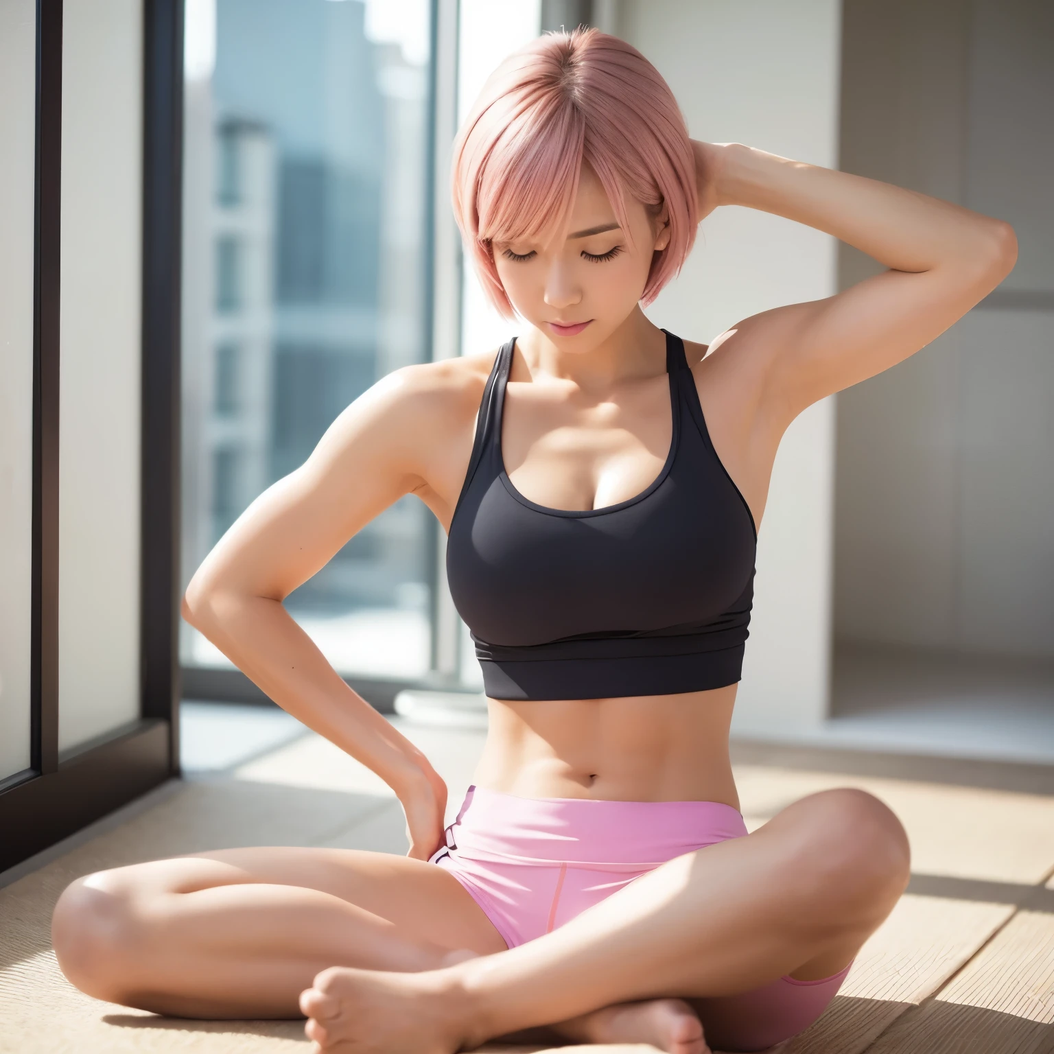 Doing Pilates　Illustration of a woman Cool girl wearing Lululemon wear Short hair Pink hair々Muscular