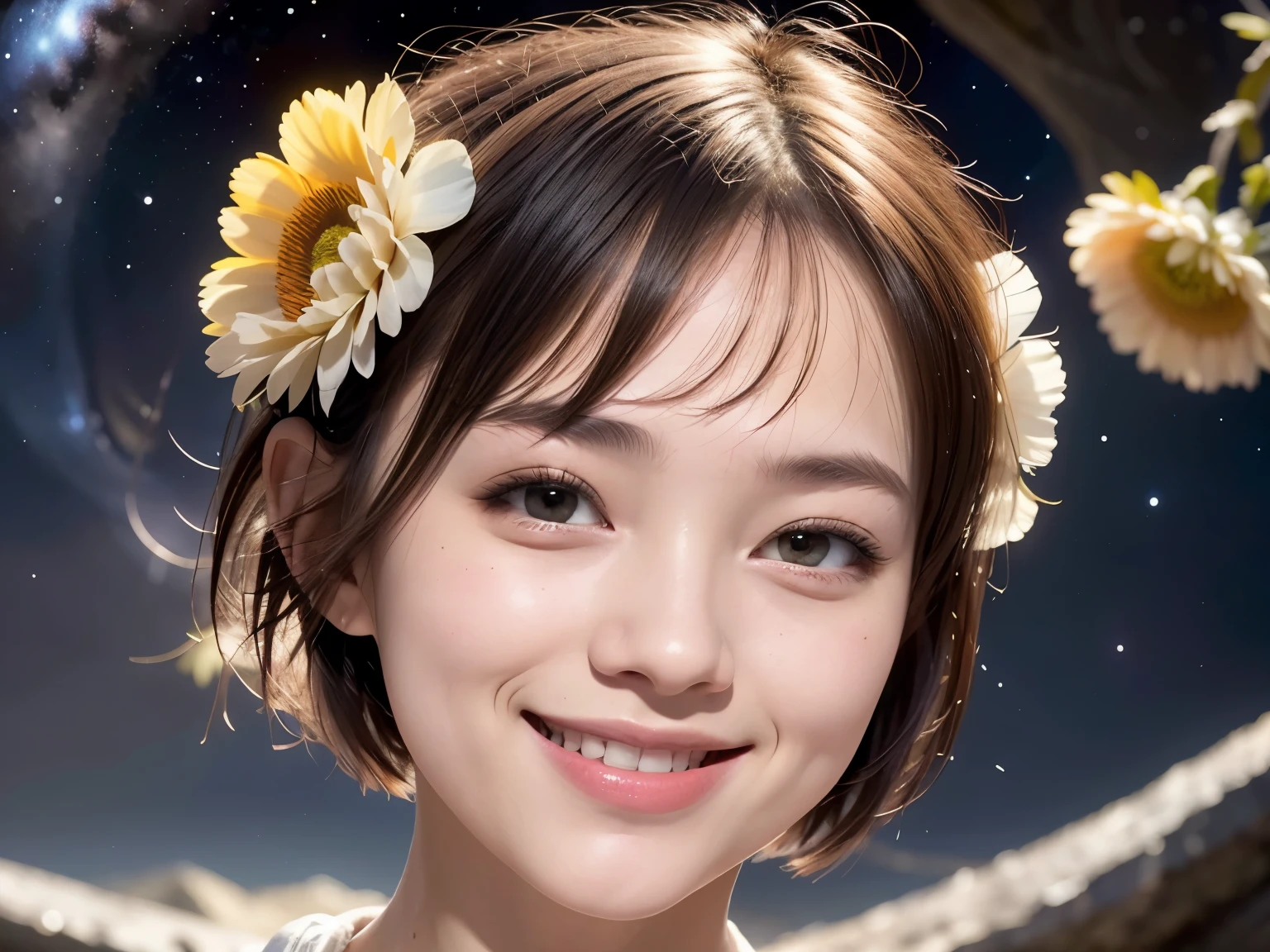 258 19-year-old female, (short hair),(Abstract background,universe), smile, flower