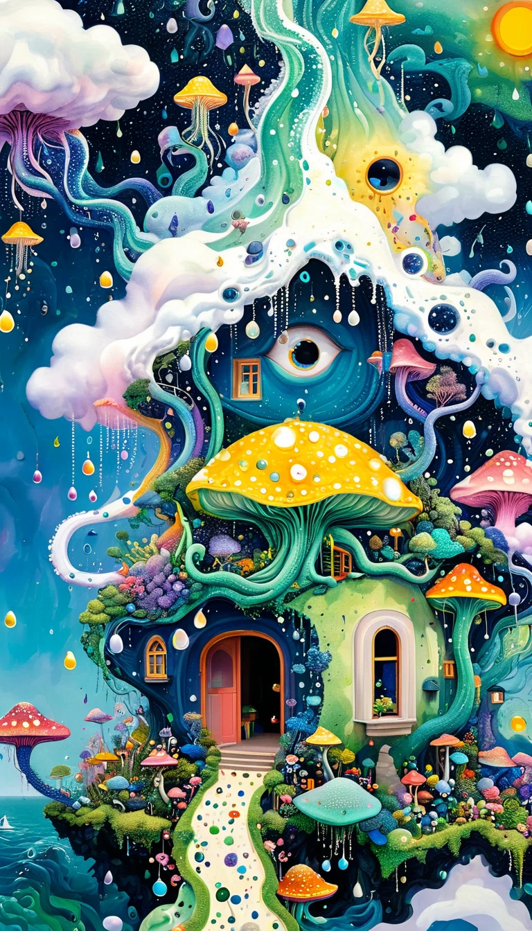 Strong visual fusion of multiple elements，Broto，来自Star的艺术家，Dopamine color scheme，house、Eye、Bead curtains、pearl、Star、cloud、Spore powder、Ocean、rain、Tentacles，Describing the inner world of autistic people，密集Pointillism method。Smooth lines。interesting，Strange illustration。Pointillism method。Strong contrast。Award-winning works。