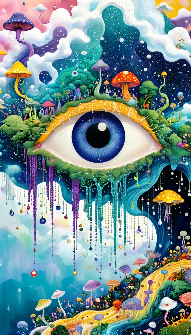 Strong visual fusion of multiple elements，Broto，来自Star的艺术家，Dopamine color scheme，house、Eye、Bead curtains、pearl、Star、cloud、Spore powder、Ocean、rain、Tentacles，Describing the inner world of autistic people，密集Pointillism method。Smooth lines。interesting，Strange illustration。Pointillism method。Strong contrast。Award-winning works。