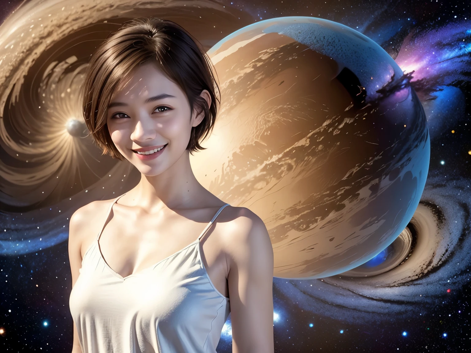 258 19-year-old female, (short hair),(Abstract background,universe), smile, flower