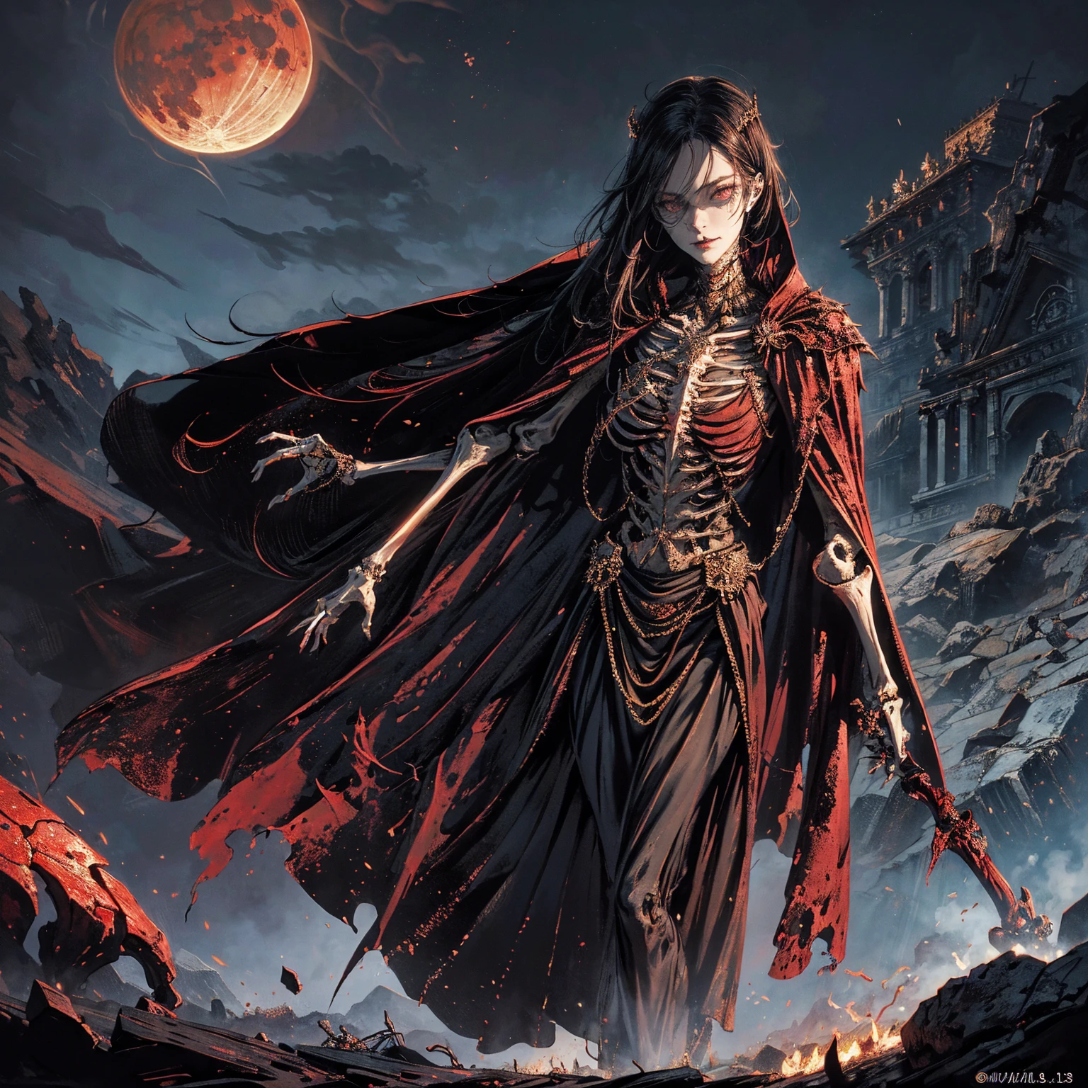 best quality, 4K, high resolution, masterpiece:1.2, Very detailed, actual:1.37, Mood lighting, An undead girl in a long cape, Torso and limb is skeleton bone but head is still beautiful human face, Wearing a ragged gothic skirt, Aloofness emotion, Dangerous sneer, Beautiful but cruel smile, Black Hair, Standing, Facing the camera, Crucified, Pitch black sky, Blood-red moon, strange atmosphere, Gothic style, Unforgettable beauty, Dramatic shadows, Ethereal Light, Mysterious atmosphere.