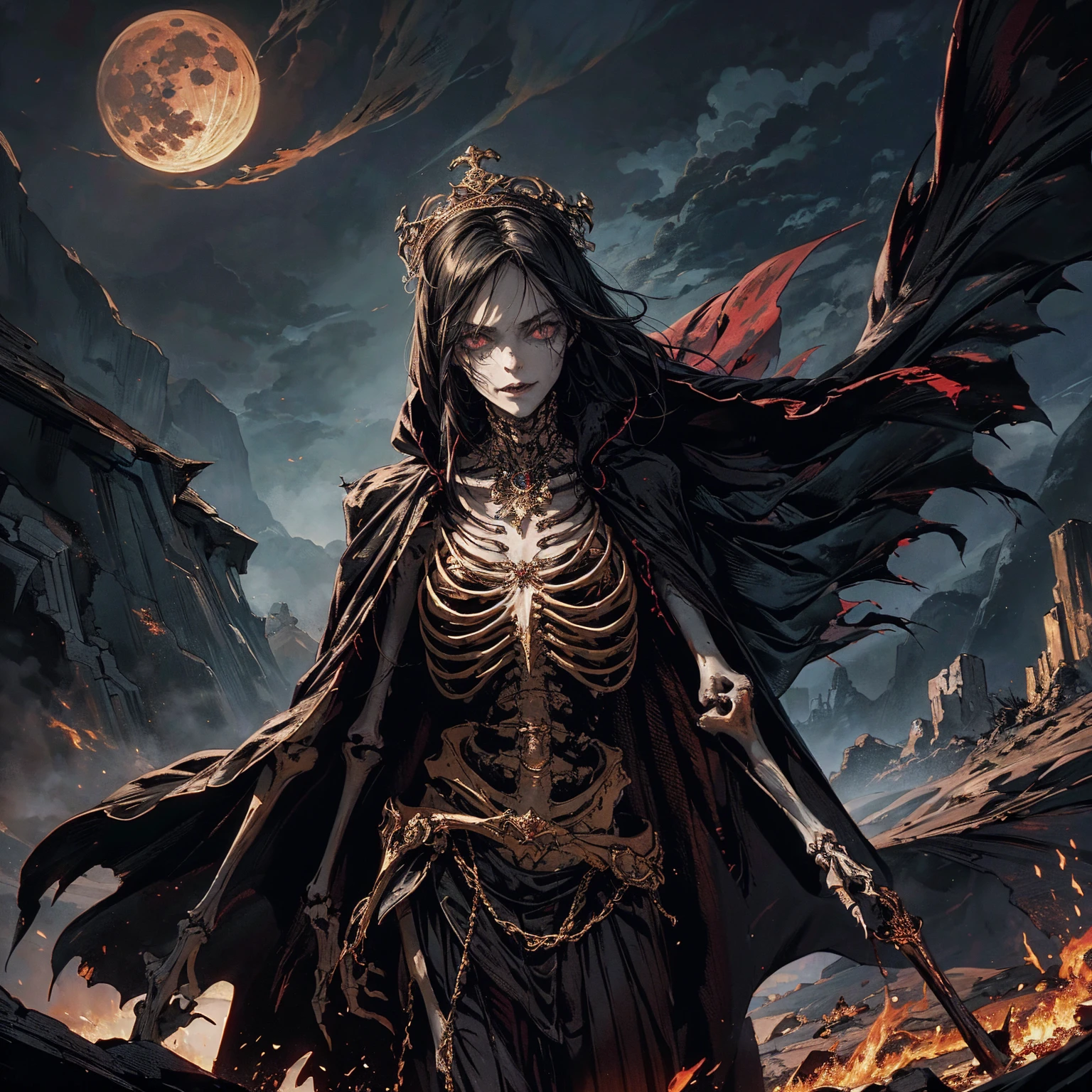 best quality, 4K, high resolution, masterpiece:1.2, Very detailed, actual:1.37, Mood lighting, An undead girl in a long cape, Torso and limb is skeleton bone but head is still beautiful human face, Wearing a ragged gothic skirt, Aloofness emotion, Dangerous sneer, Beautiful but cruel smile, Black Hair, Standing, Facing the camera, Crucified, Pitch black sky, Blood-red moon, strange atmosphere, Gothic style, Unforgettable beauty, Dramatic shadows, Ethereal Light, Mysterious atmosphere.