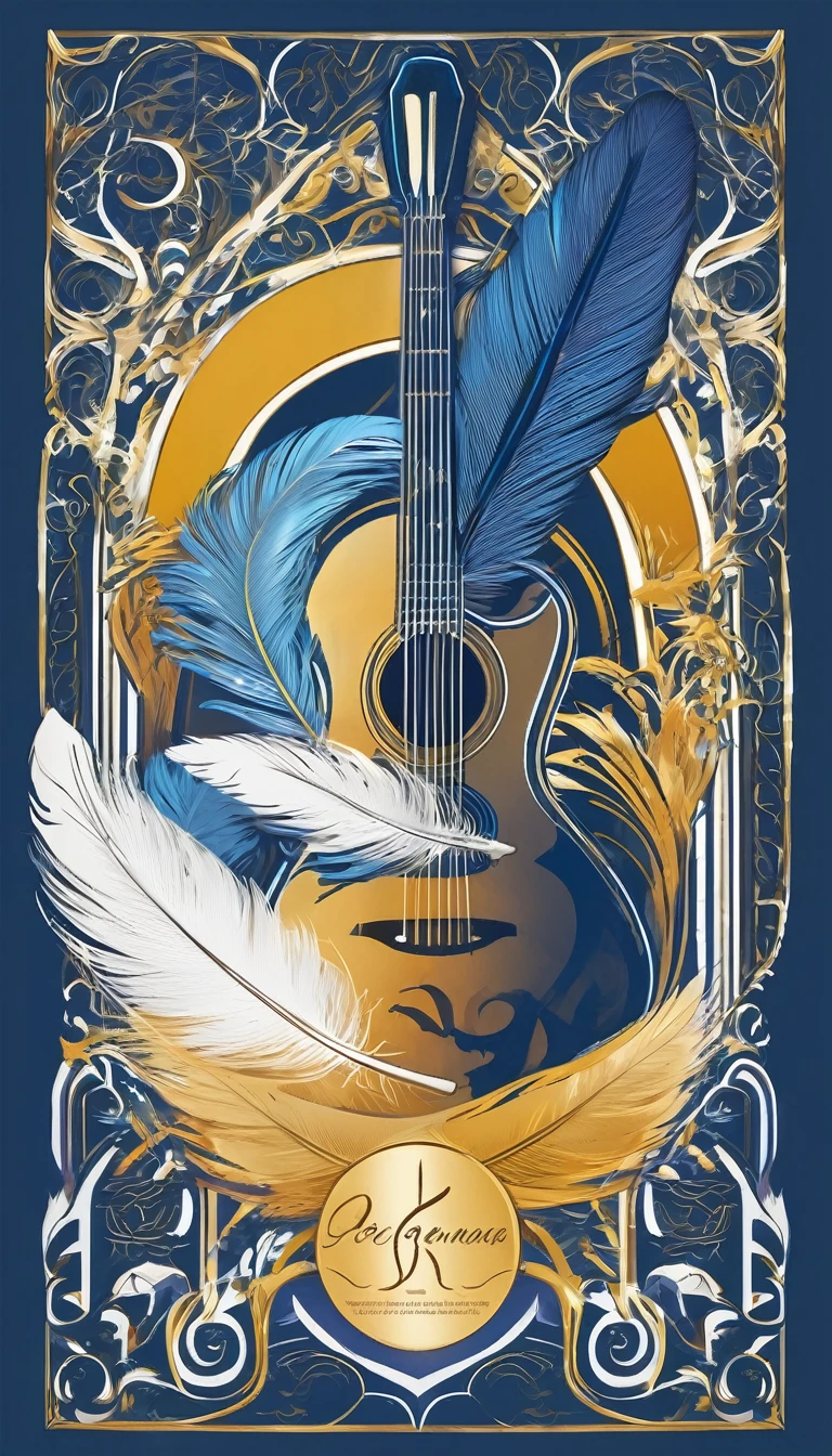 Create a cinematic, abstract symbol for a storytelling production brand based on stories and dreams called " Penamemoria". The logo should convey a fantasy theme and include the company of a boy and a feather. Fantastic, memorable, poetic, dreamy, sitting against a tree and playing guitar to a fantastic, unique, poetic white-blue-golden feather.