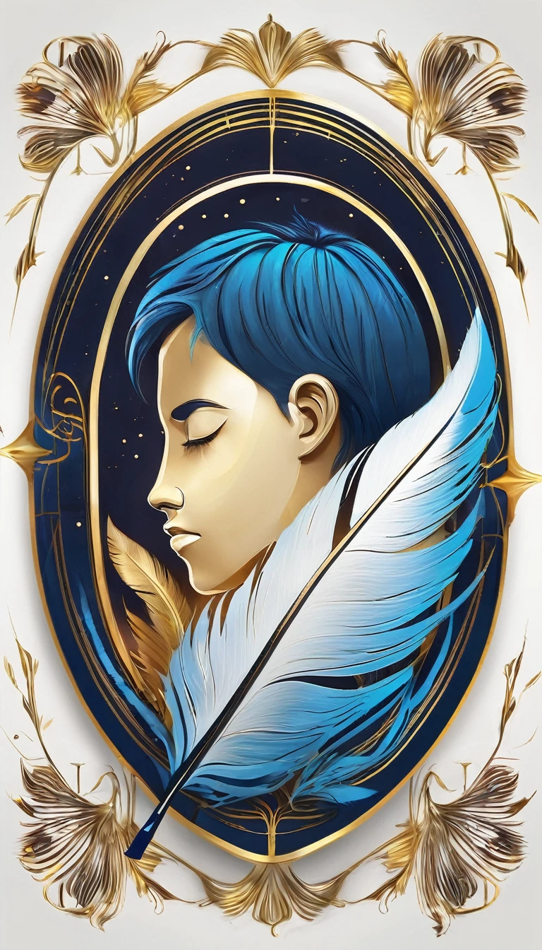 Create a cinematic, abstract symbol for a storytelling production brand based on stories and dreams called " Penamemoria". The logo should convey a fantasy theme and include the company of a boy and a feather. Fantastic, memorable, poetic, dreamy, sitting against a tree and playing guitar to a fantastic, unique, poetic white-blue-golden feather.