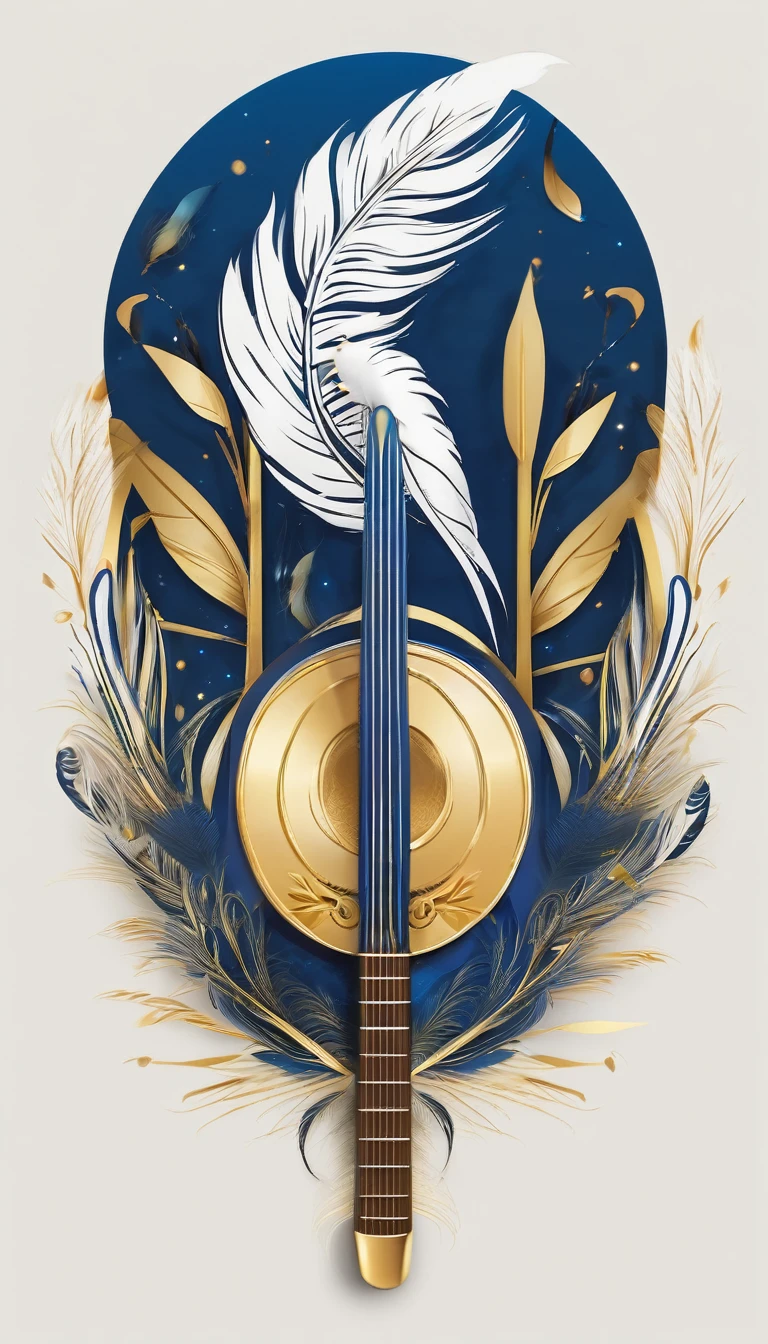 Create a cinematic, abstract symbol for a storytelling production brand based on stories and dreams called " Penamemoria". The logo should convey a fantasy theme and include the company of a boy and a feather. Fantastic, memorable, poetic, dreamy, sitting against a tree and playing guitar to a fantastic, unique, poetic white-blue-golden feather.