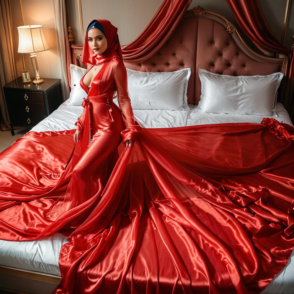 a woman in the translucent silk red gown, tight full body tied, satin sheet, nipple on with nipple piercing, modern satin hijab, full body, long satin,mermaid tight long gown, flowy dramatic long gown, tall women, satin bed, strugle to walk, wear high heels, satin bed, masterpice
