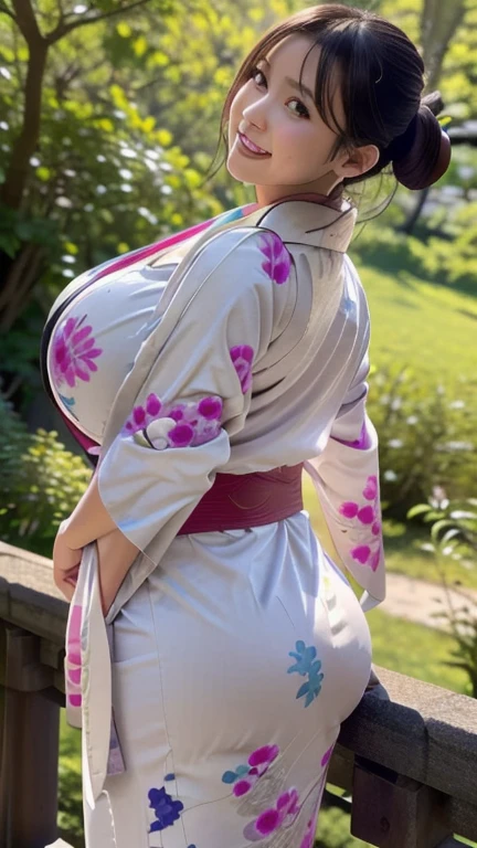 Adult female, 30 years old, Grin, Low length, Japanese, ((kimono:1.5)), (Big Ass:1.5), (Super huge boobs:1.5), Huge breasts, bulging udder, (Chubby:1.2), Glowing Skin, , Porn Pose, Full body portrait, Rear View,