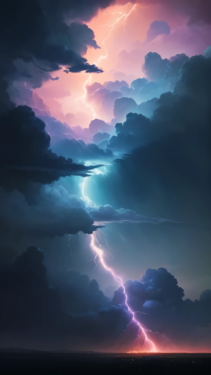 ((best quality)), ((masterpiece)), (detailed), A digital illustration of a rainbow lightning in a dark blue sky with small birds flying in the background