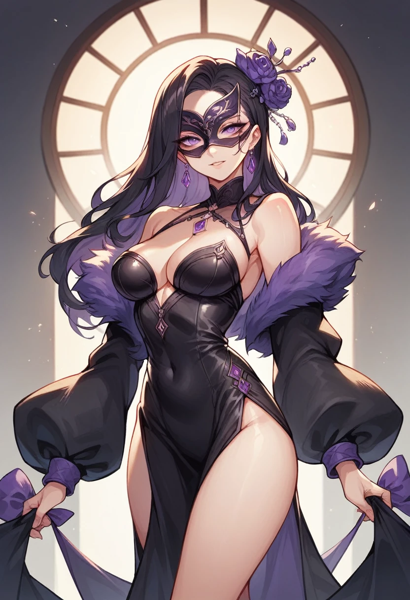 long black hair woman, perfect body, purple eyes, adult, sexy, wearing masquerade mask, manhwa, standing seductive, taking clothed off, sexy pose