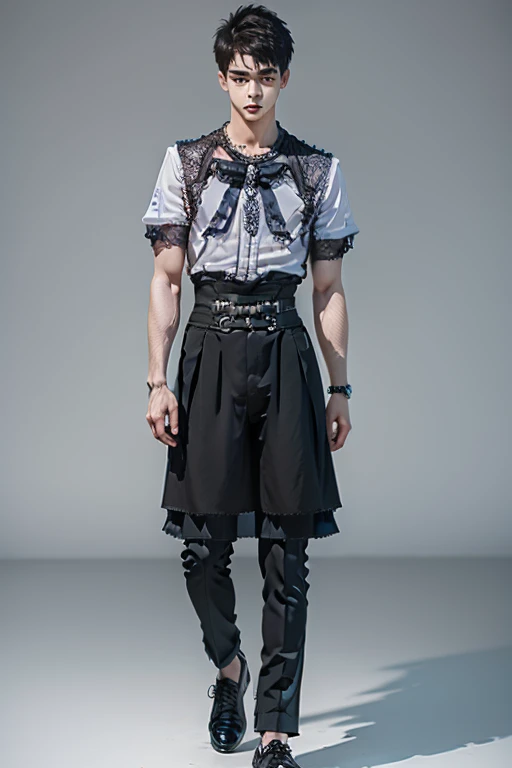 Young man wearing dress , very small spikey boyish haircut , hot man , full body,