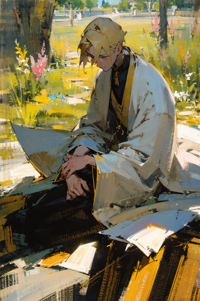 Blond handsome man praying,Highest quality,fine,Holy Spirit,Radiance,in the sun,In the Garden