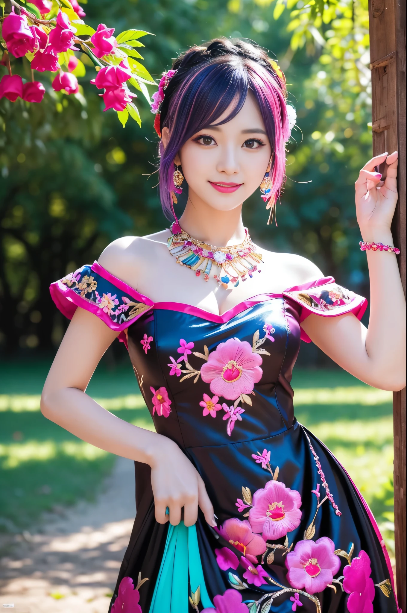 (masterpiece:1.4), (best quality:1.4), ultra high res, ultra high resolution, ((detailed facial features)), HDR, (realistic, photorealistic, photo-realistic:1.37), full body Esbian, y Thai model, (-anime), only 1 model, vivid colors, ((vivid colors multicolor (fuchsia, pink, light blue, purple) very short hair)), (happy smile), lip-gloss, long lashes, defined eyebrows, wearing large sparkling colorful jewelery, wearing a red silk Paradise Kiss cosplay dress with black floral embroidery, ((vivid colors outfit)), vivid colors, look at the camera, cinematic light, large park background with trees, sweet and sexose