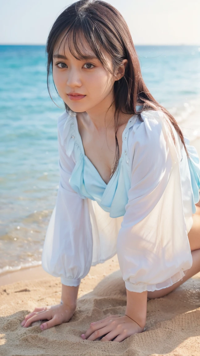 (((8K、Highest quality、masterpiece、Ultra-high resolution)))、(Realistic:1.4)、RAW Photos、(Real skin texture:1.3)、(Film Grain:1.3)、((One Girl、Beautifully detailed eyes, face and skin texture、naked足))、Cute Japanese Woman、Beach、A strong wind is blowing、Her hair and skirt are flying、(((On all fours, Crawling)))、Pleated skirt、((naked:1.35))、splash、Sandy Beach、Light of the sun、clear blue sea、The waves crash quietly、blue sky with white clouds、Beautiful Nature、(((Open blouse:1.33)))、((No underwear、Raise one leg))、