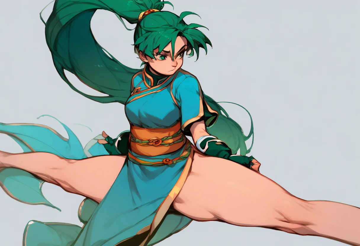 defLyn, green hair, high ponytail, blue dress, short sleeves, sash, side slit, fingerless gloves, 1girl, solo,  horizontal splits