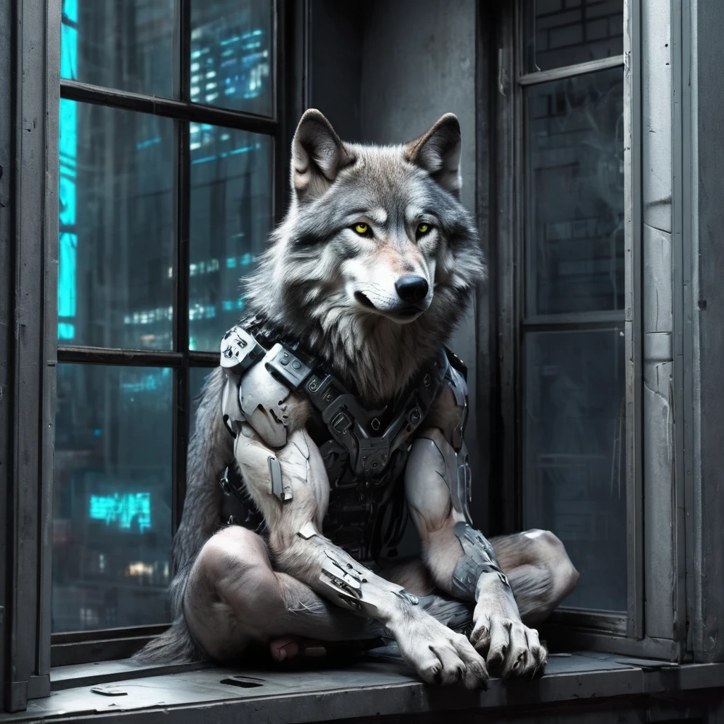 Anthropomorphic male grey wolf, sitting in the window, Cyberpunk Background
