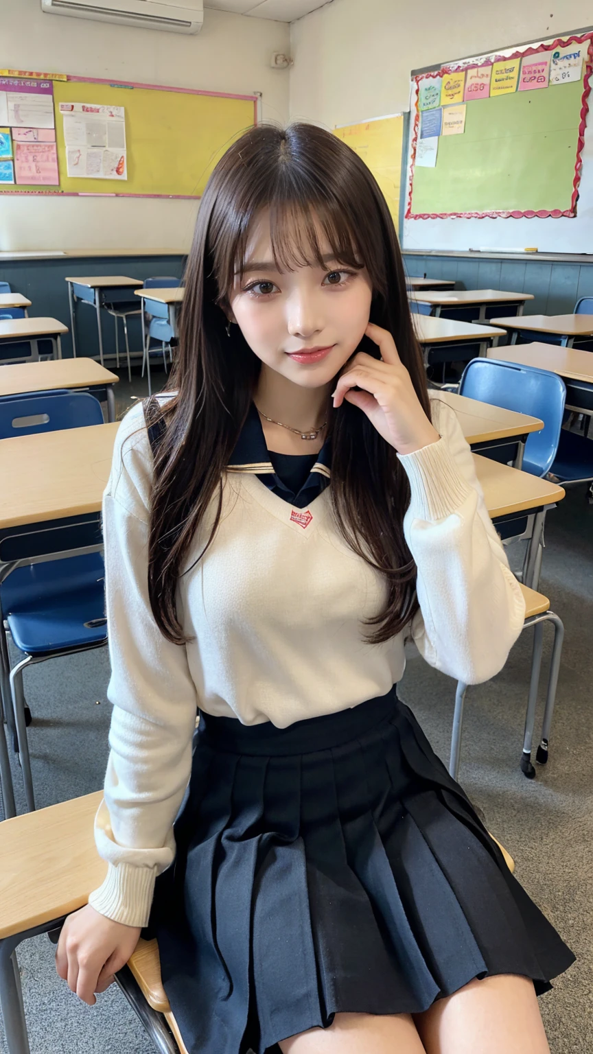 ((masterpiece, Highest quality)),Best aesthetics,One girl, , machine, Sitting, school machine, Black hair straight, classroom, Long Hair, indoor, Chair, View your viewers, :p, Focus Only, Brown eyes, skirt, Long sleeve, pencil, 1 boy, pencil case, paper, Seraph of the Black, Multiple Girls, pleated skirt, Sailor collar, bangs, Headrest, school bag, school Chair,smile,pussy