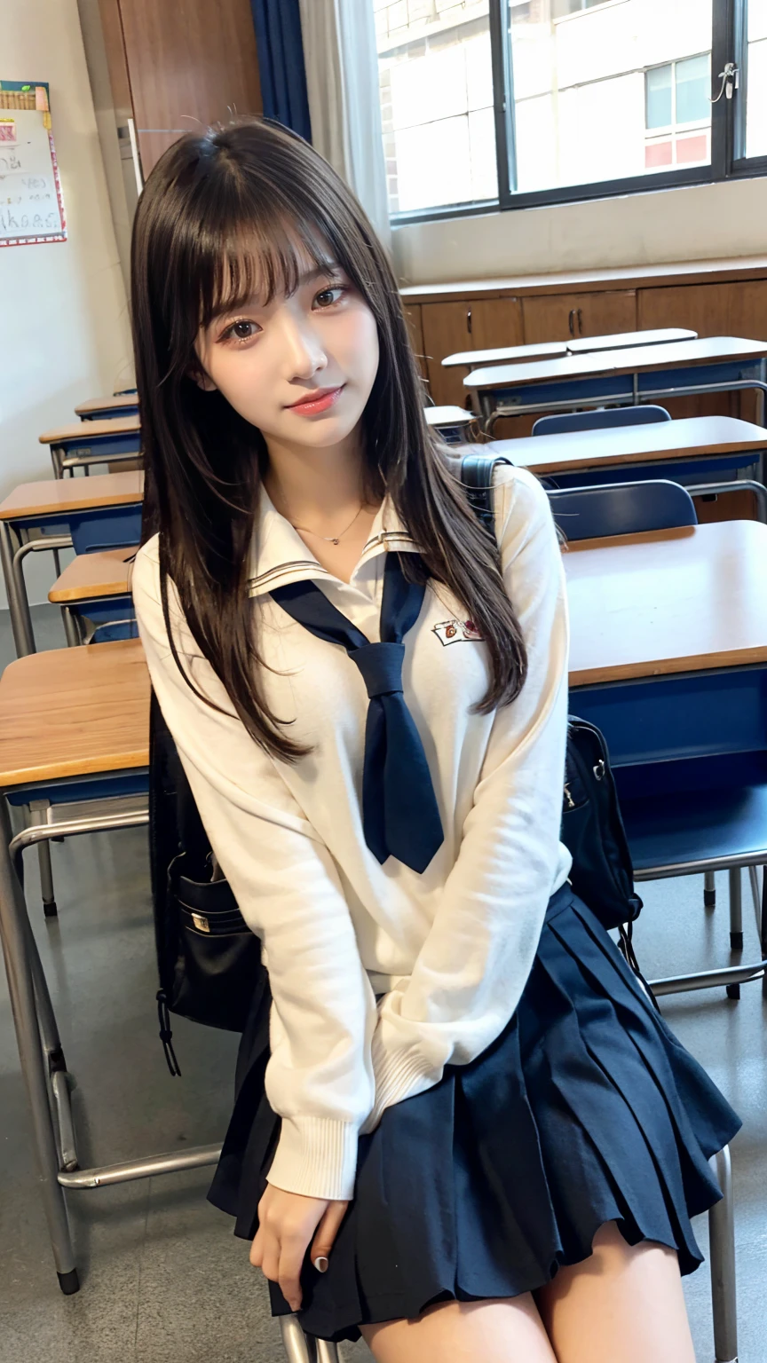 ((masterpiece, Highest quality)),Best aesthetics,One girl, , machine, Sitting, school machine, Black hair straight, classroom, Long Hair, indoor, Chair, View your viewers, :p, Focus Only, Brown eyes, skirt, Long sleeve, pencil, 1 boy, pencil case, paper, Seraph of the Black, Multiple Girls, pleated skirt, Sailor collar, bangs, Headrest, school bag, school Chair,smile,pussy