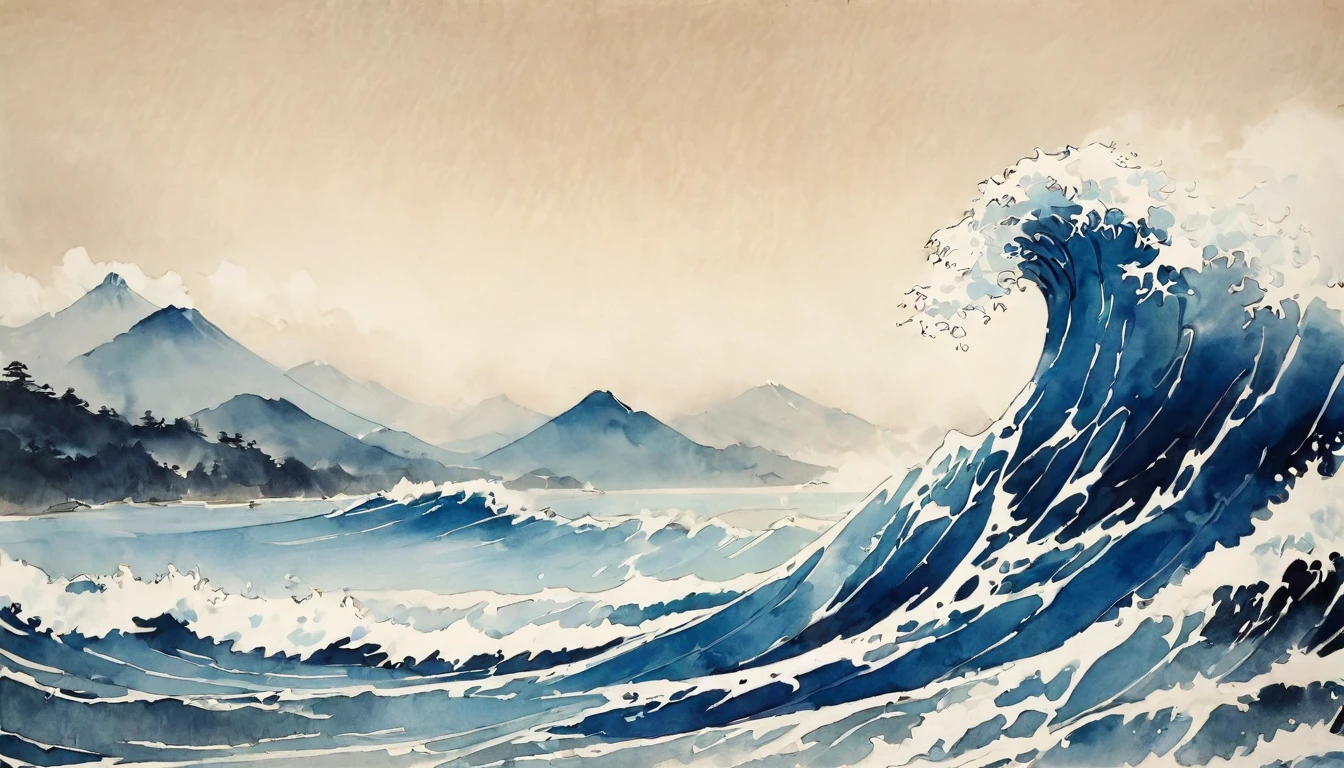 Katsushika Hokusai、vague、Mont、Mountain、Ocean、Rough seas々beautiful、wood々、Ink and watercolor、Light tones、Calligraphy、Ink Painting