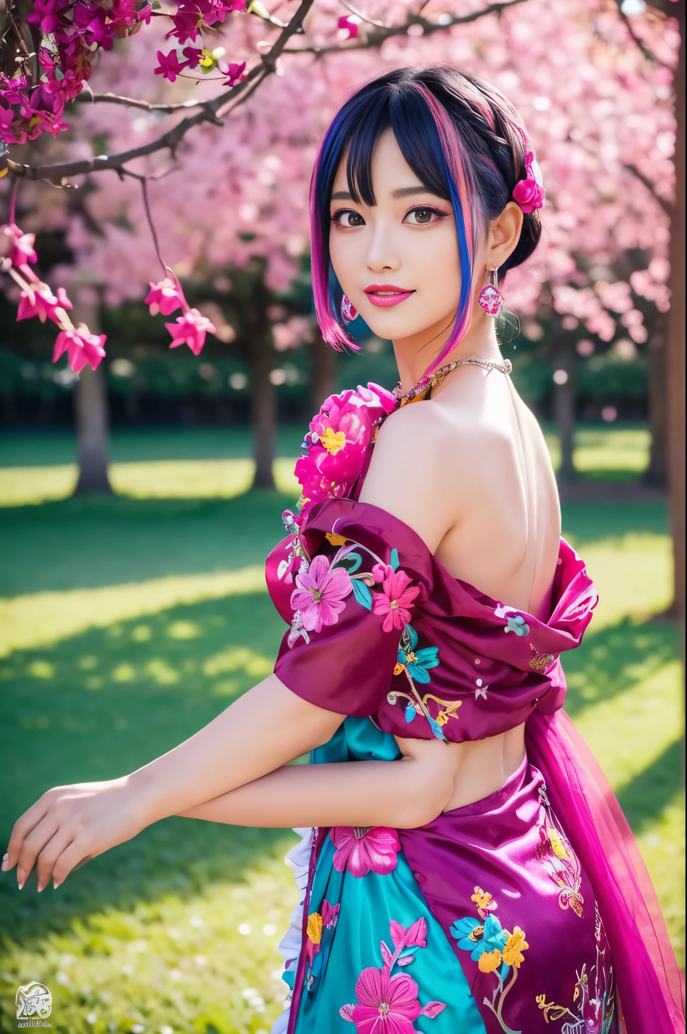 (masterpiece:1.4), (best quality:1.4), ultra high res, ultra high resolution, ((detailed facial features)), HDR, (realistic, photorealistic, photo-realistic:1.37), full body Esbian, sexy Thai model, (-anime), only 1 model, vivid colors, ((vivid colors multicolor (fuchsia, pink, light blue, purple) very short hair)), (happy smile), lip-gloss, long lashes, defined eyebrows, wearing large sparkling colorful jewelery, wearing a red silk Paradise Kiss cosplay dress with black floral embroidery, ((vivid colors outfit)), vivid colors, look at the camera, cinematic light, large park background with trees, sweet and sexy pose
