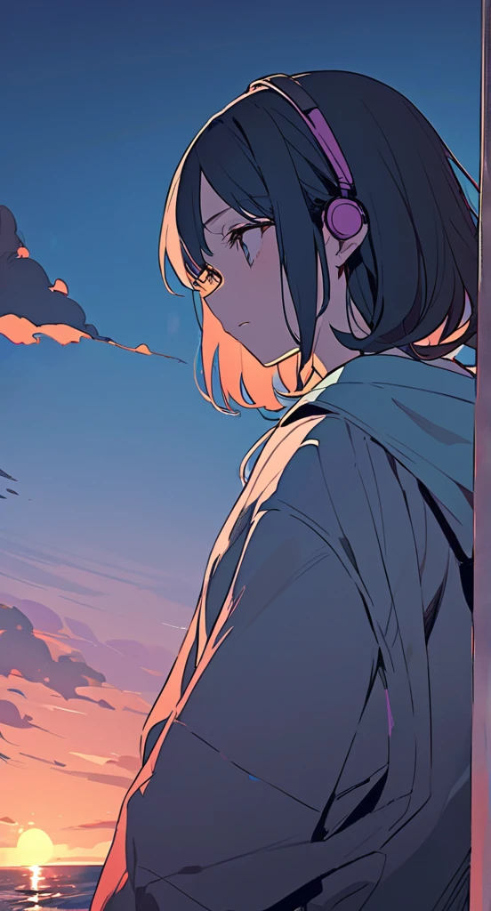 At dusk、Cute  wearing headphones、Watching the sunset and looking out to sea。Sad expression、Madhouse-like colors、A touch like Makoto Shinkai