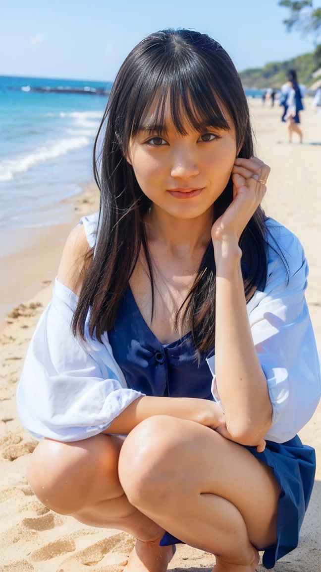 (((Top-down configuration:1.33)))、((No underwear:1.55))、One Girl、Beautiful and detailed eyes and face、barefoot、20 year old cute Japan woman, ((Extremely precise and accurate anatomy:1.0)), (photo Realistic:1.4), (hyper Realistic:1.4), (最高品質のRealisticな肌の質感:1.4), (Improvement of quality:1.4), (Enhances the beauty of skin texture:1.1), Clean and glowing skin, mesh, thin:1.2, (Realistic:1.3), Realisticなライティング, (Smoother lighting:1.05), (Improving the quality of cinema lighting:0.9), Backlight, A gentle light on your face, Ray Tracing, (Bright light:1.2), 32K, One Japanese woman, fine grain, Detailed face, (Film Grain:1.1),(Accentuates body lines:1.1), High resolution, Natural look, Kind eyes, Improves hair quality, Delicate light and shadow, Transparent muscles, Graceful pose, Beautiful Eyes, Sharp details, Soft light reflection, Beautiful contours, Delicate skin tone, Fine hair texture, Natural background, (((sunny day、Beach、A strong wind is blowing、Her hair and skirt are flying、Squat, Traditional navy blue sailor uniform、Open shirt、Pleated skirt、Scooping seawater with hands:1.25、splash、Sandy Beach、Light of the sun、clear blue sea、The waves crash quietly、Blue sky and white clouds、Green Mountain々、Beautiful Nature、The joys of youth)))、