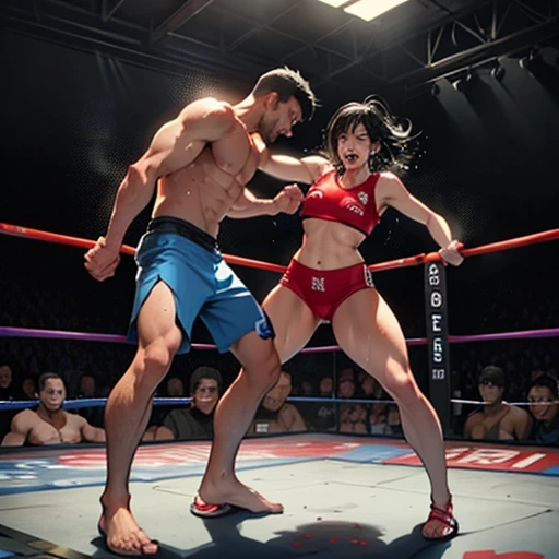 two person. a man and a naked girl is fighting in a octagon ring. a man is punching bloody pretty young japanese girl fighter so hard. she is dominated by him. his fist into her belly. she is crying and screaming. she has short-cut black hair, shortness of breath, drool from her mouth, closed eye, exhaustion, and sweat soaked. open finger grobe. full body. Super big tits. Very thick arms and thighs. Heavyweight. Muscularity. Six pack abs. Erect nipples.