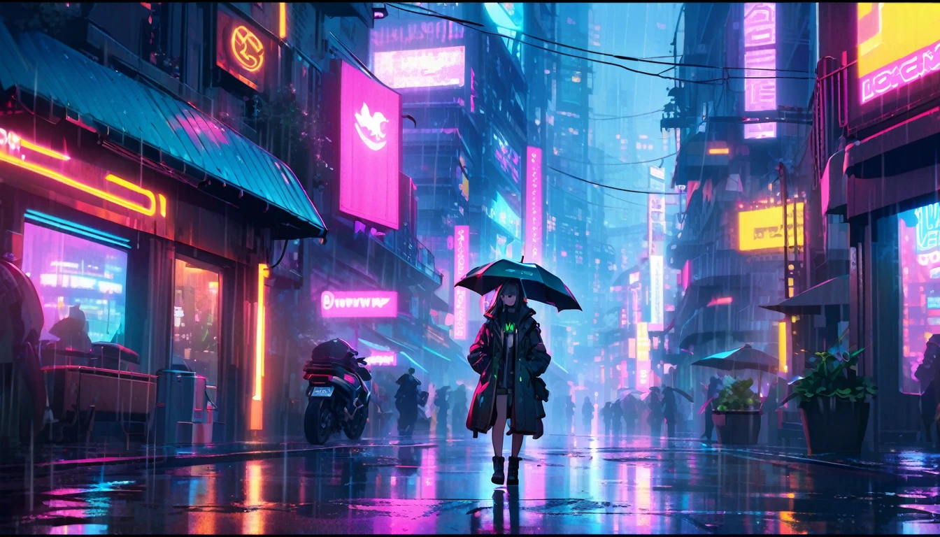 street, Outdoor, rain, neon, Cyberpunk City, neon lights.