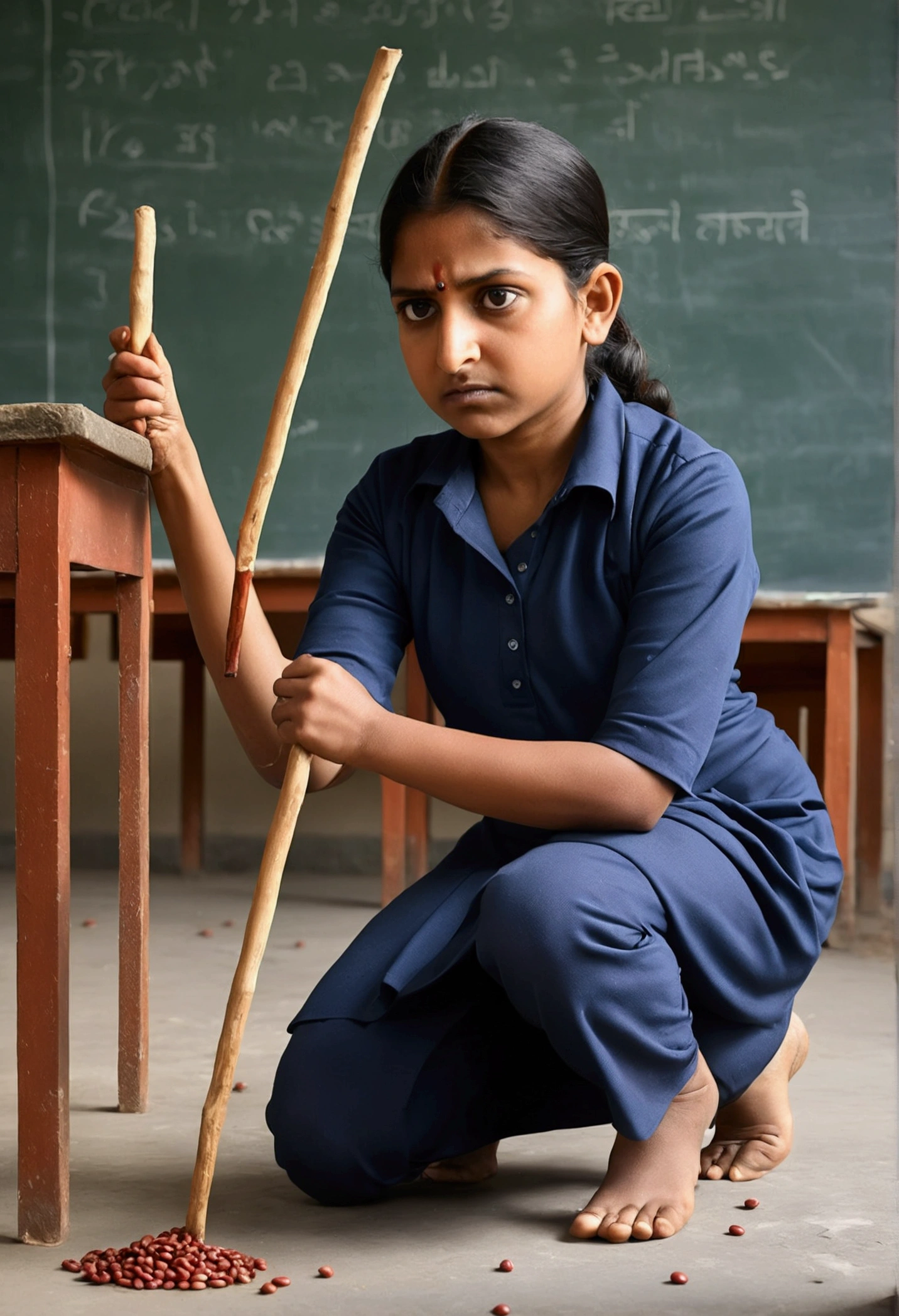 Indian school was punished to kneel down on beans. Teacher Hit her calves with a stick while she is kneeling . She is in much pain.