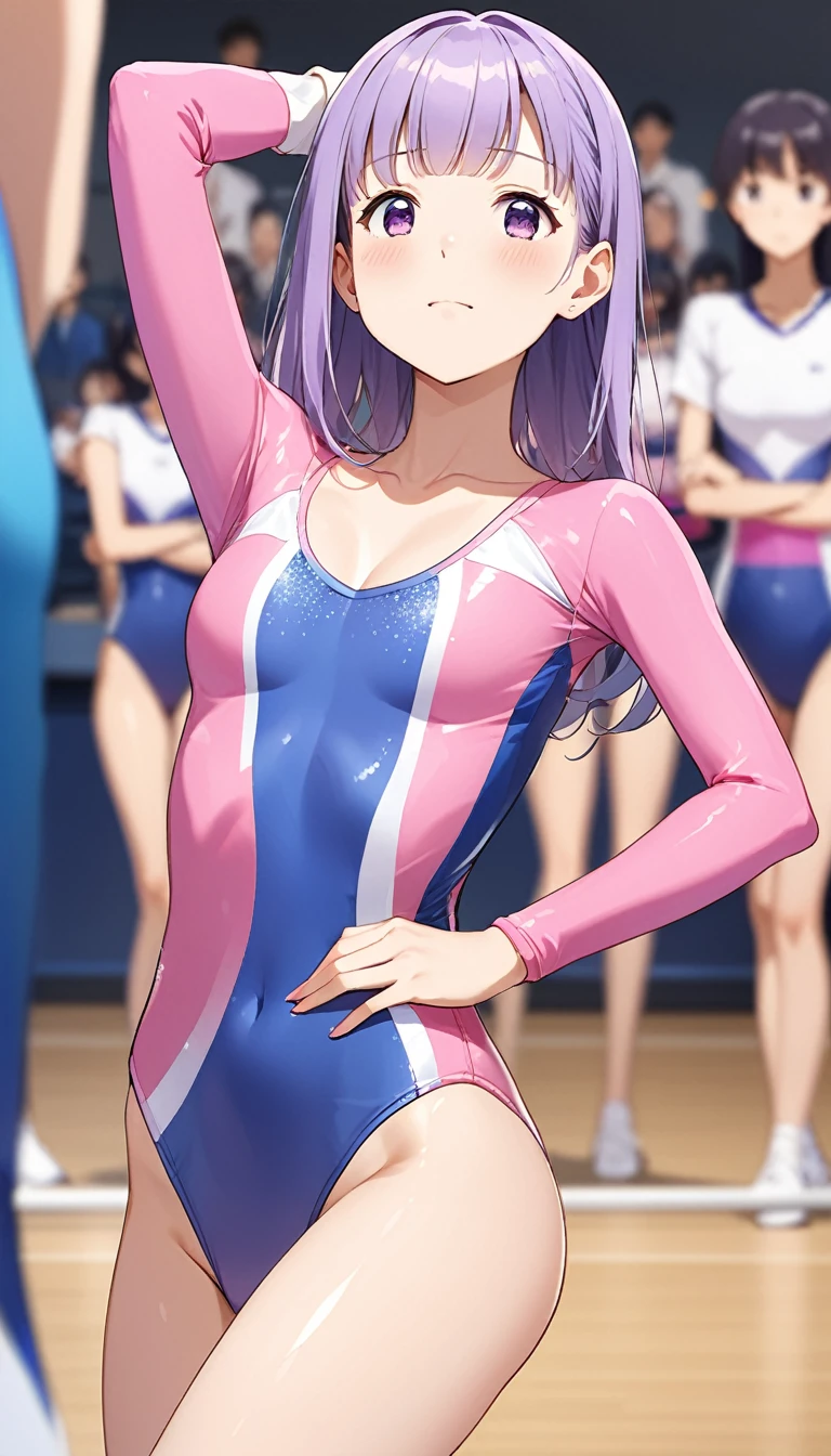expensivequality illustration, masterpiece, Very delicate and beautiful, Attractive girl,(Gymnastics leotard,Tight leotard,length_Leotard with sleeves,expensive_Leg leotard,athletic leotard),Purple ears,Short here, Audience reaction,thin,Slender body,slim,expensive school,Gym,Gymnastics Club,