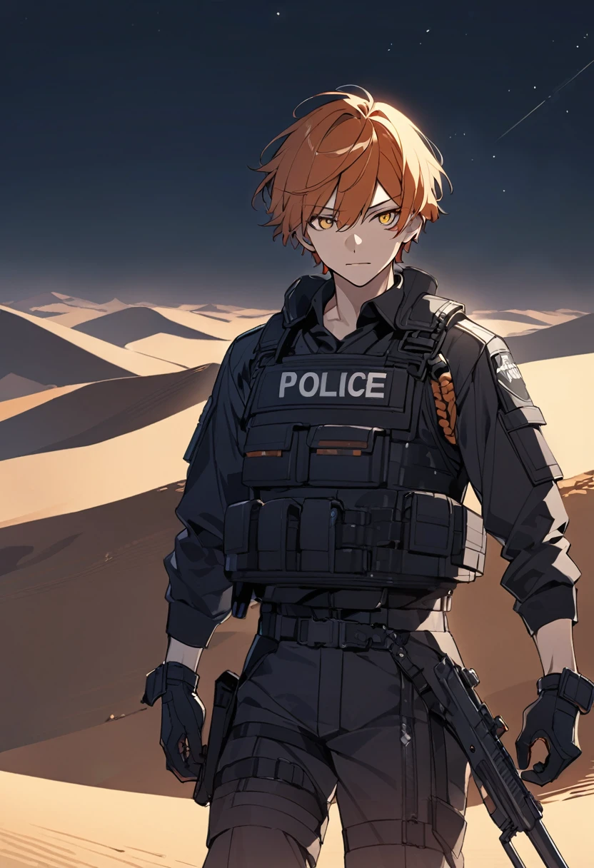 Male black police suit, solo, orange hair, yellow eyes, short hair, desert, night