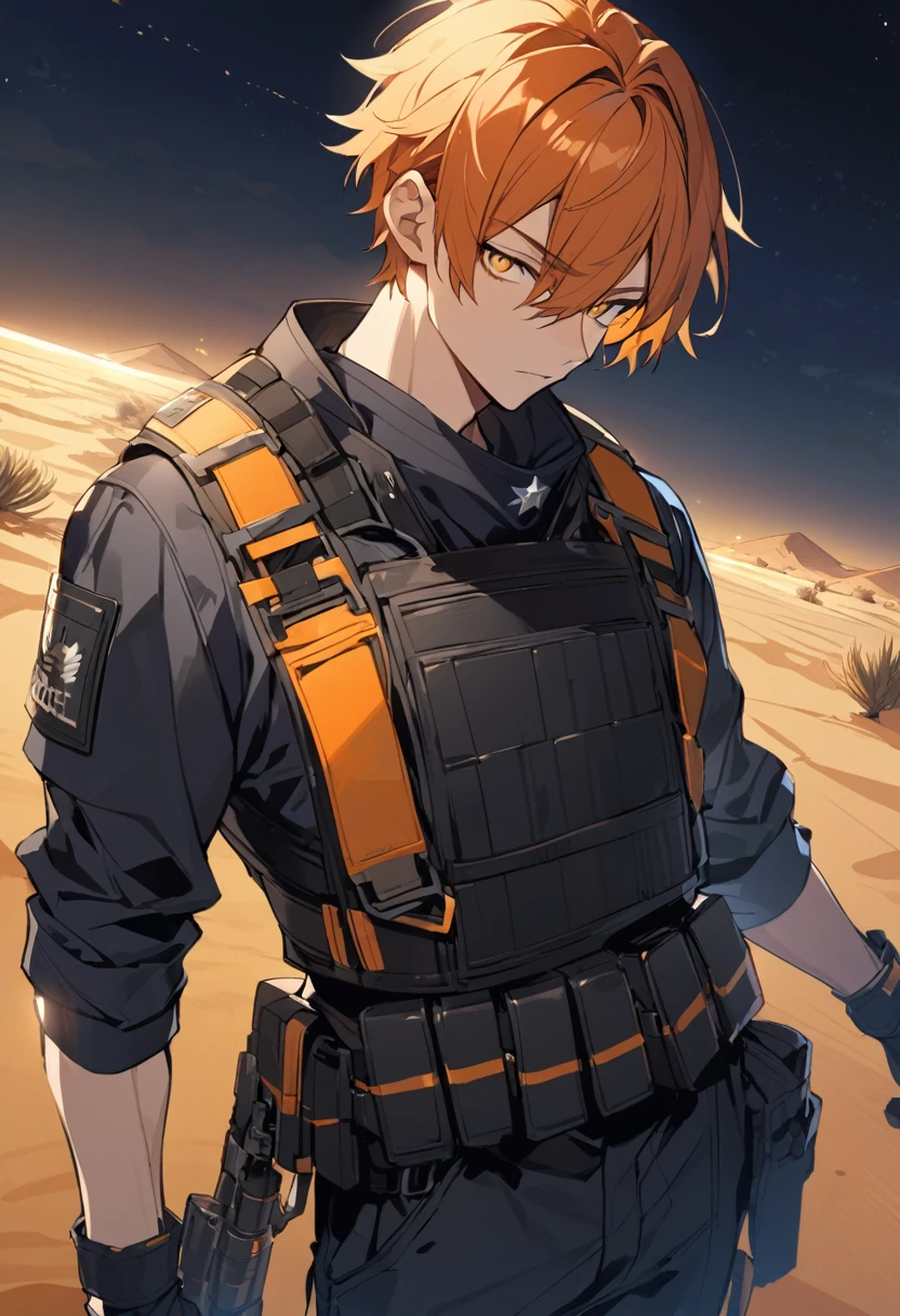 Male black police suit, solo, orange hair, yellow eyes, short hair, desert, night