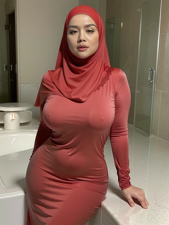 1 matured malay girl in red hijab only, wear sexy red lace longerie, drestremely thin drestremely detailed exposed big breast, overexposed breasts, overexposed navel, overexposed hiptremely detailed pubic hair)), nsfw, bedroom, plump body type, upper body, ((big breast)), seducing, sexy pose, (8k, RAW photo, best quality, masterpiece:1.2), (realistic, photo-realistic:1.37), ((overexposed breasttremely detailed big breast)), extremely detailed fully erected , erected visible, (((MILF))), extremely excellent natural light, closed up, upper body shot