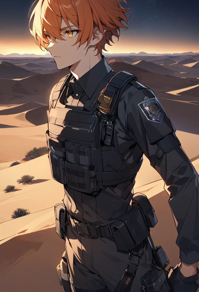 Male black police suit, solo, orange hair, yellow eyes, short hair, desert, night