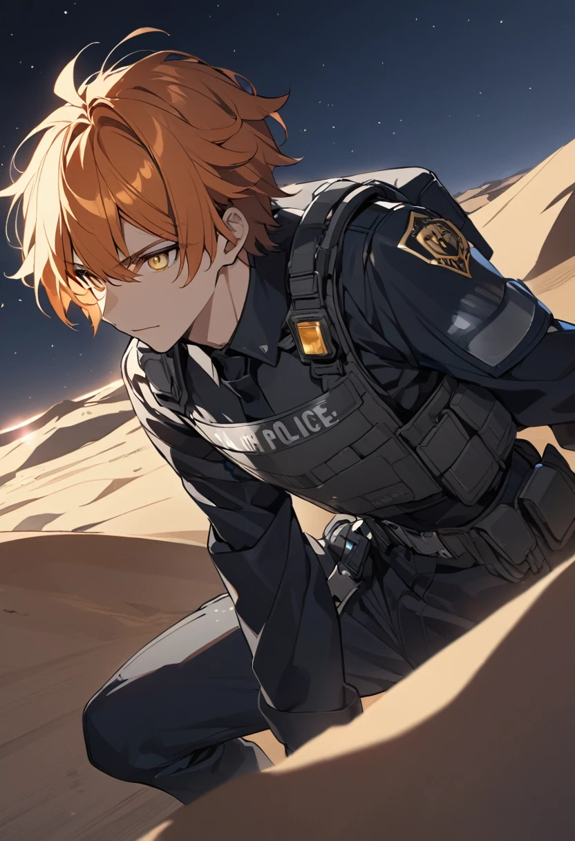Male black police suit, solo, orange hair, yellow eyes, short hair, desert, night