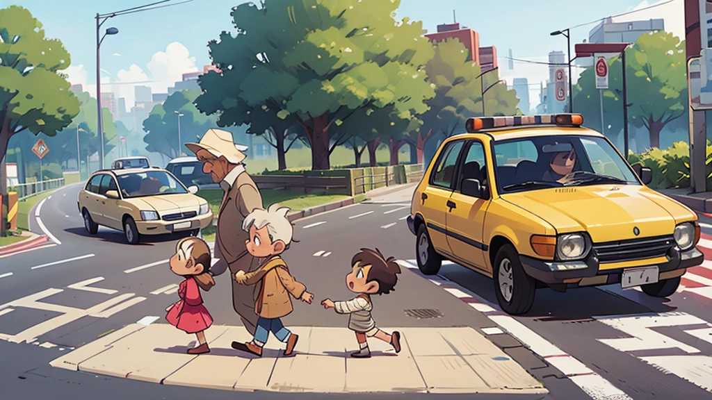 Road scene，Two children help an old man cross the road on the zebra crossing，The car stopped on the road to give way，There are other pedestrians on the road，high quality
