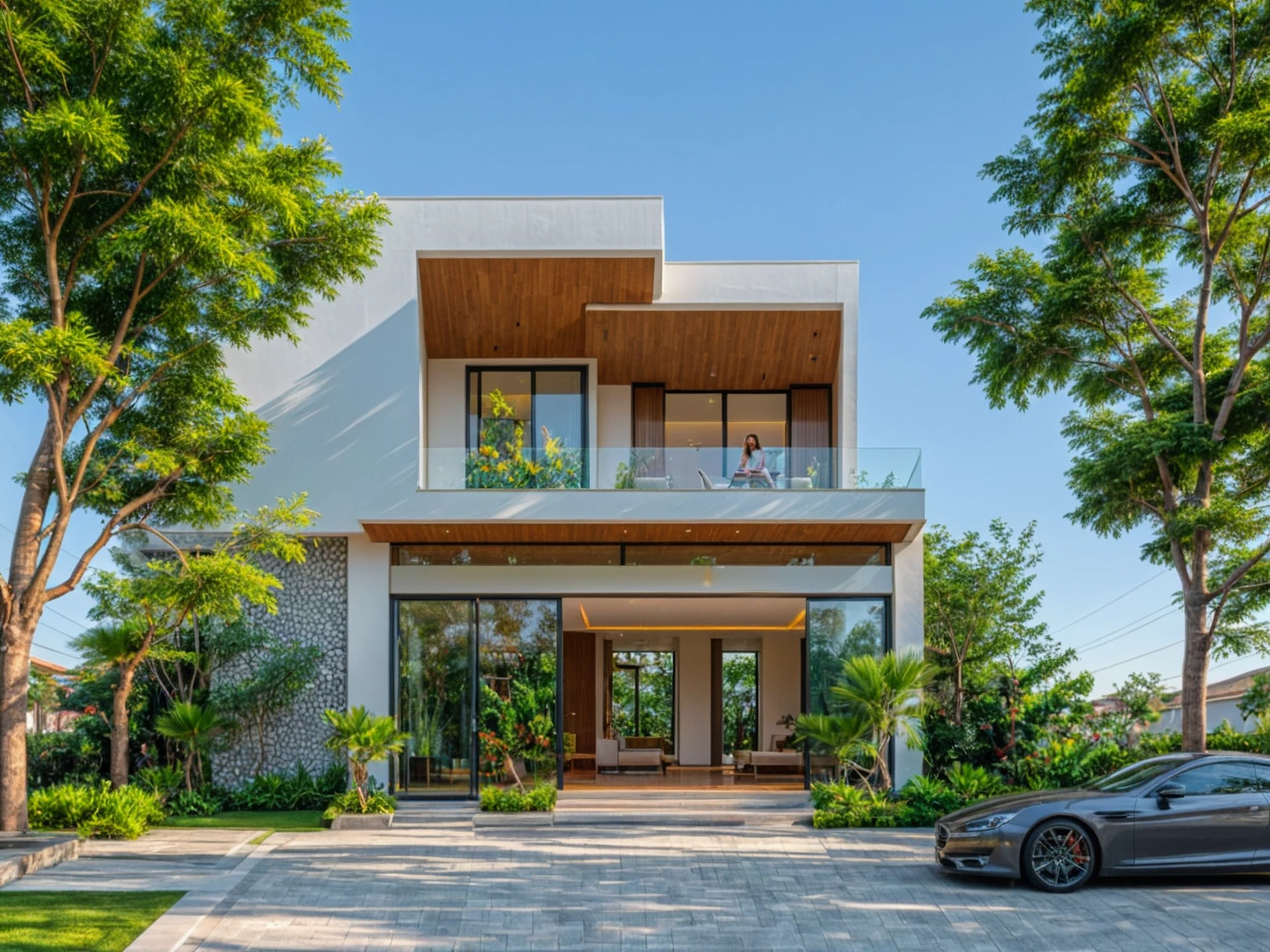 modern villa on street, (daylight), tropical tree, green shrub and plants, vivid color, streetcapes, minimalist design, brigth grey tone, (large glass door:1.2), warm interior lighting, modern material, best quality, ultra realistic, masterpiece,