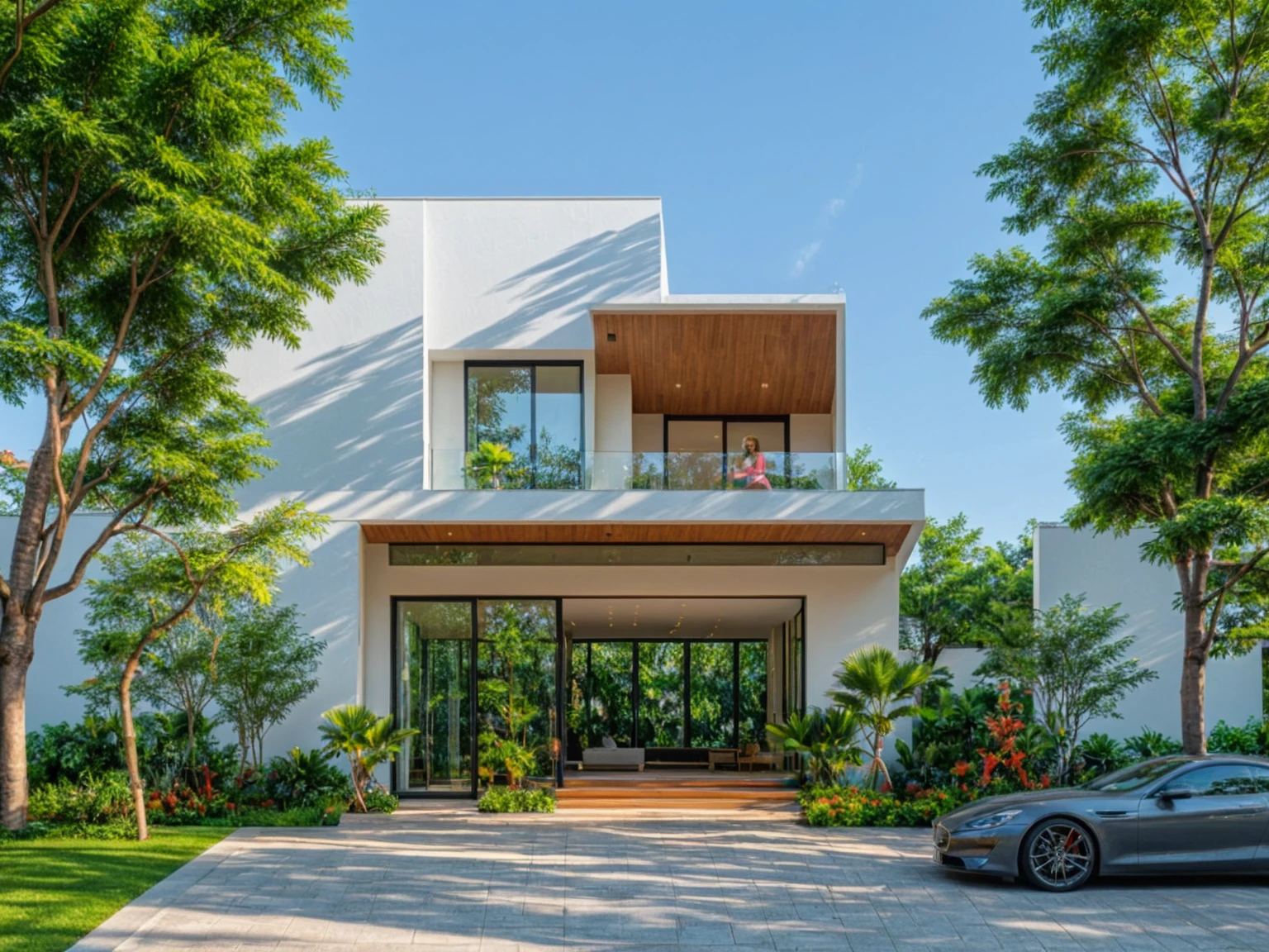 modern villa on street, (daylight), tropical tree, green shrub and plants, vivid color, streetcapes, minimalist design, brigth grey tone, (large glass door:1.2), warm interior lighting, modern material, best quality, ultra realistic, masterpiece, 
