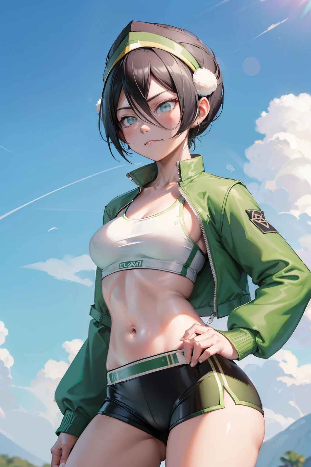 Ultra-detailed,  toph beifong,  adult  , green jacket open , white sport bra , black sexy micro dolphin shorts  , medium breasts  ,sexy body , gym  standing. Smug face sarcastic   ,blush,  sexy,,  sexy