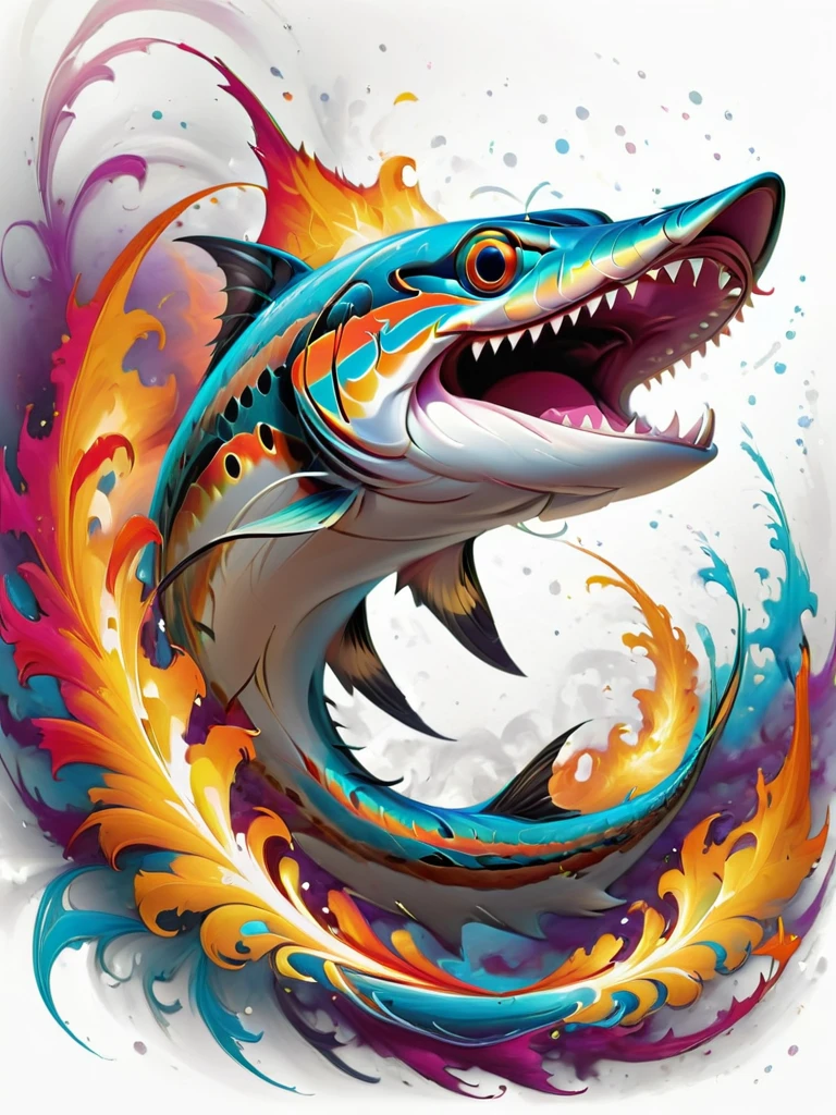 T-shirt designs, abstract fractal art, (smiling:0.6) Barracuda, fire, White background, t-shirt designs, 