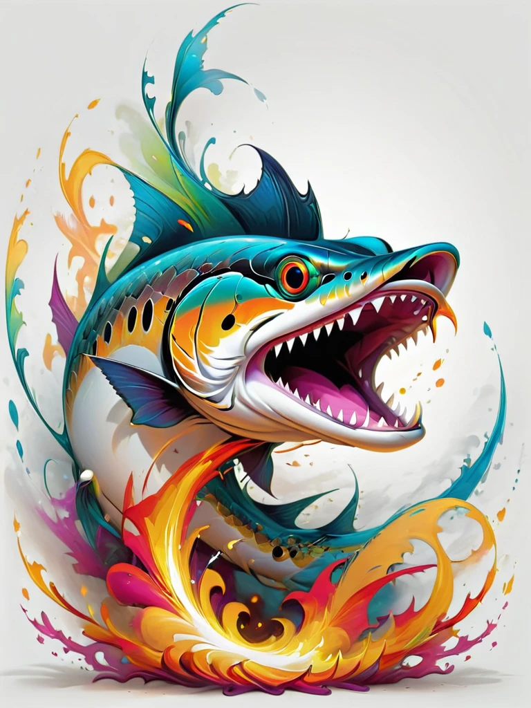 T-shirt designs, abstract fractal art, (smiling:0.6) Barracuda, fire, White background, t-shirt designs, 