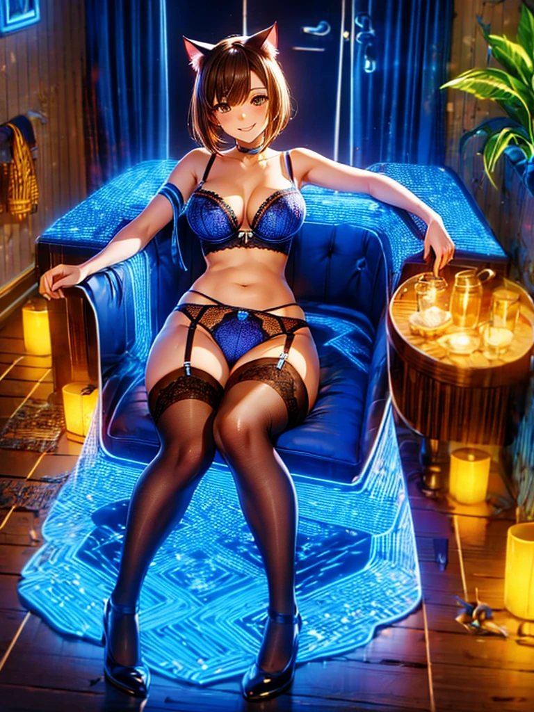 Highest quality,Highest Resolution,Smiling beautiful girl in underwear,bath,Get in the big bathtub,Sexy Lingerie,High leg,garter belt,Knee-high stockings,Brown hair short bob,Cat ear,Drink,whole body,up,front,